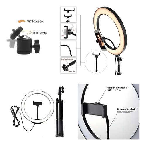 Aro De Luz Pack X2 Unidades Led 26 Cm Con Trípode 2 Metros Negro