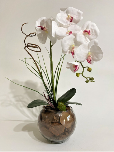Arranjo De Orquídeas Artificiais Silicone Em Vaso Vidro | Parcelamento sem  juros
