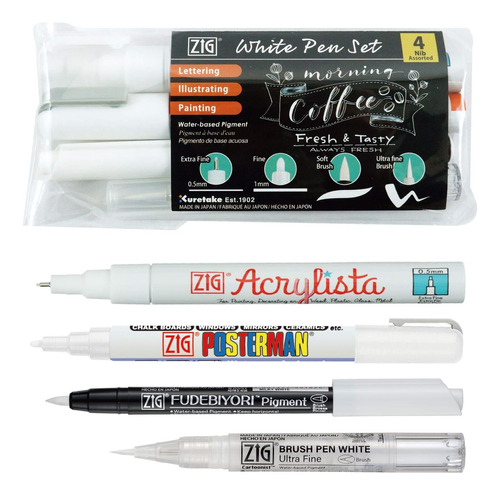 Kuretake Zig White Brush Pens Juego 4 Piezas, Certificado