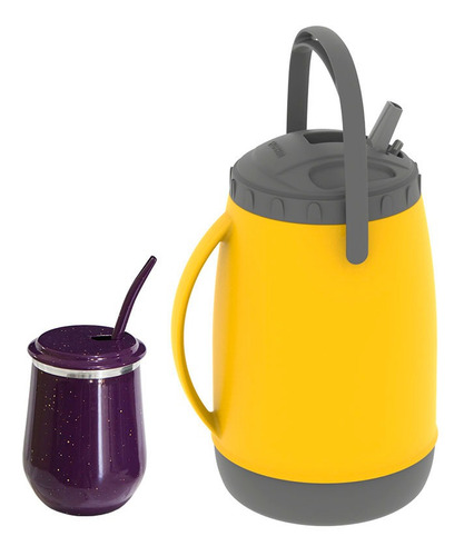 Kit Tereré Vino Garrafa Copo Térmico E Bomba Amarelo E Roxo