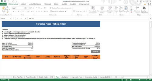 Planilha Simulação De Financiamento / Créditos Imobiliários