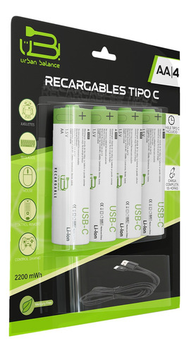 Pilas Recargables Aa Con Cable Tipo C De 1.5v 4 Piezas Ub