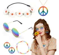 Comprar 6 Accesorios De Disfraz Hippie, Collar De Señal De Paz, Aretes De Diadema De Flores, Para 60 Y 70, Accesorios Hippie, Una Talla