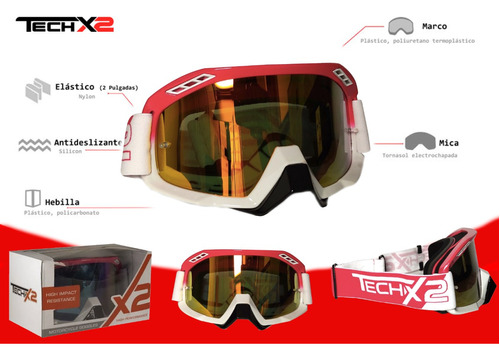 Goggle Techx2 Motociclista Rosa Mica Tornasol Ventilado Cros