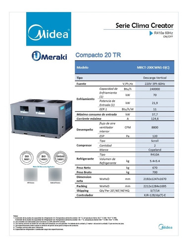 Imagen 3 de 3 de Aire Acondicionado Compacto 20tr, 220v 3ph 60 Hz Midea
