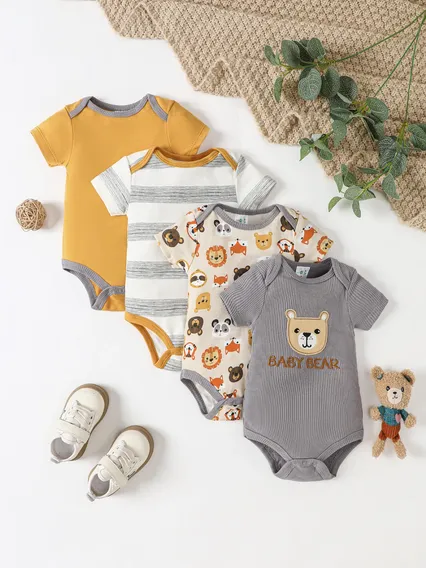 Kit 4 Bodies Bebê Algodão Canelado Manga Curta Cinza-escuro 3m