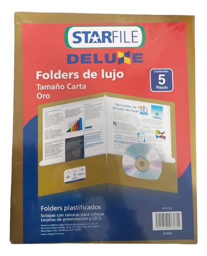 Carpeta Tamaño Carta Paq. C/5 Piezas Folder De Lujo Color Oro