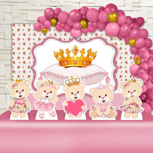 Kit Decoração Festa Chá De Bebê Ursinha Princesa Rosa Coroa