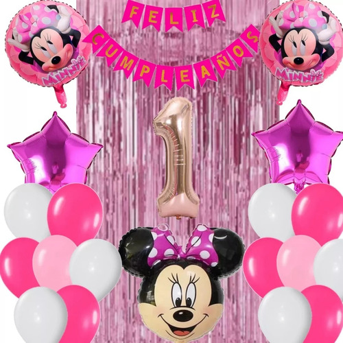 Kit Globos Decoración Rosado Fucsia Minnie Mouse Cortina