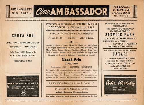 Programa Cine Ambassador ( Uruguay ) Año 1967 - Grand Prix (Usado)