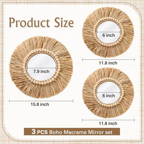 3 Piezas Decorativas Colgantes De Pared Con Espejo Boho Y Mi