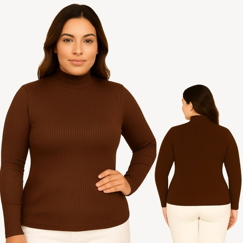 Blusa Gola Alta Inverno Canelada Manga Longa Algodão Justa