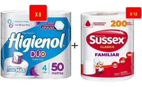 Papel Higiénico Higienol Duo + Rollos Sussex 200 Bolsones+