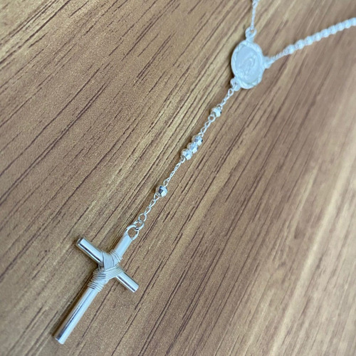 Collar Rosario Cruz Virgen En Plata .925 Agálea Joyería Color Plateado