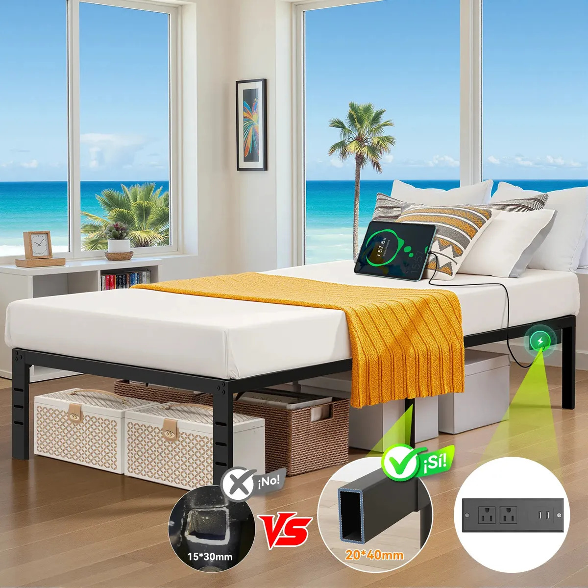 Furrific Base de Cama Individual con Enchufe, 95,5 cm X 189,5 cm X 35 cm, Cama de Hierro Económica con Estación de Carga 1.5m Usb , Base de Cama Resistente con Espacio de Almacenam
