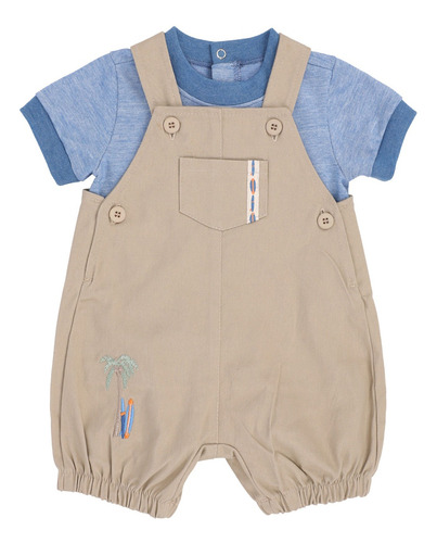 Conjunto De Bebé Niño Overol Bordado Y Playera Mondo Bambino Cafe - Azul 12 M