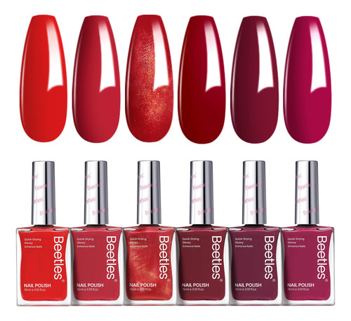 Set De Esmaltes De Uñas Beetles Red Glitter Burgundy, 6 Unid