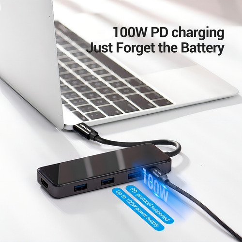 Hub USB Multipuerto Vention - 5 en 1 - Usb C A HDMI + 3 Puertos Usb 3.0 + Power delivery USB C 100W - 4K 60Hz - Carcasa Aluminio + Vidrio Templado - 15 CM - Premium Para PC / Mac / Laptop - THPBB