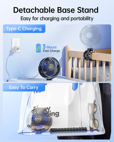 Ventilador Portátil Para Cochecito Con Batería Recargable Negro