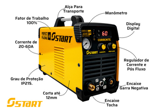 Máquina De Corte Plasma 60a Com Tocha E Acessorios Perfect Plasma 60a Start 220v