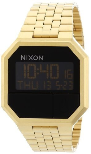 Reloj pulsera Nixon Re-run de cuerpo color oro, digital, fondo negro, con correa de acero inoxidable color oro, dial beige, minutero/segundero beige, bisel color oro y hebilla de gancho