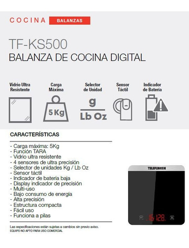 Imagen 3 de 3 de Balanza Digital Vidrio Cocina Telefunken Tf-ks500 5kg Jmp