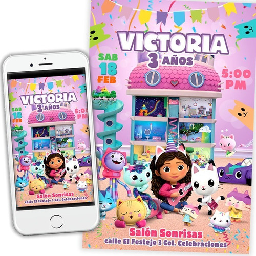 Invitacion Gabby Dollhouse Digital Personalizada