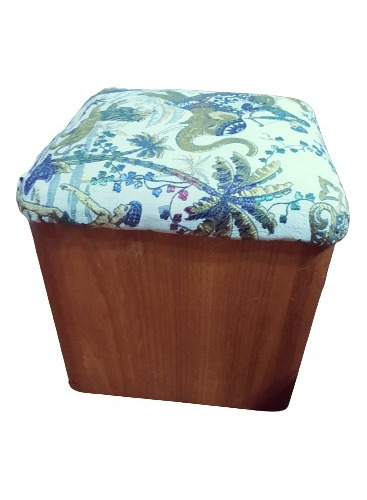 Puff Cubo Madera Roble Claro Asiento Tapizado 40x40x40 