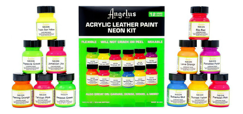 Kit Pinturas Acrílicas Para Cuero Angelus 12 Colores Neón 