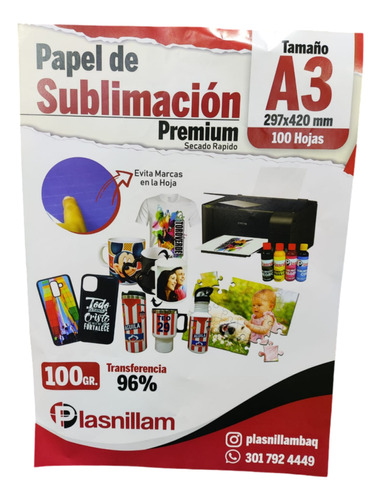 Papel Sublimación Premium A3 Secado Rapido 100 Hojas