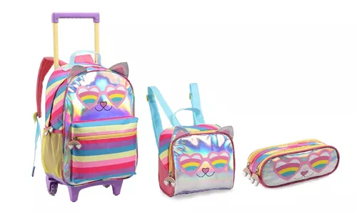 Kit Mochila Infantil Esoclar Rodinha Gatinho Glitter Yepp - Kit