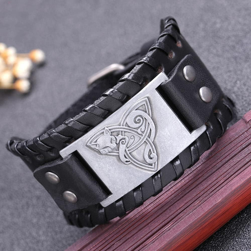 Pulsera Vikinga De Cuero Con Amuleto Zorro Celta - Tórtola