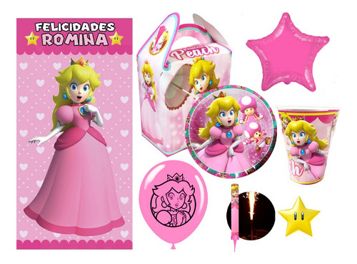 Princesa Peach Kit Vasos Platos Globos Lona Fiesta 20 Niños