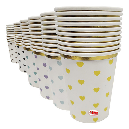 Vasos Descartables Polipapel Corazones Borde Dorado X10 - Cc