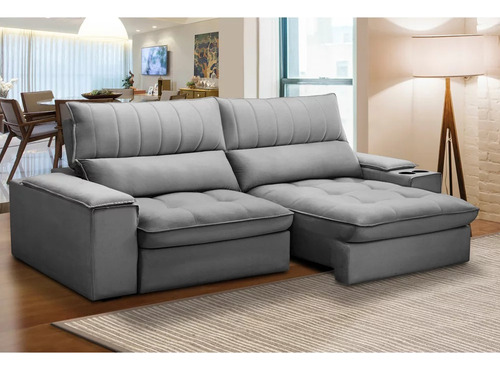 Sofá Retrátil 3 Lugares Com Porta Copo 250cm Andes Veludo Cor Cinza
