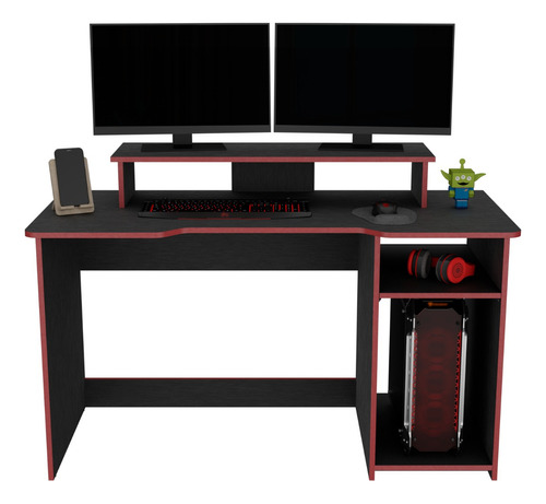 Escritorio Gamer Huni 90 X 136 Rta Wengue Rojo Color Negro