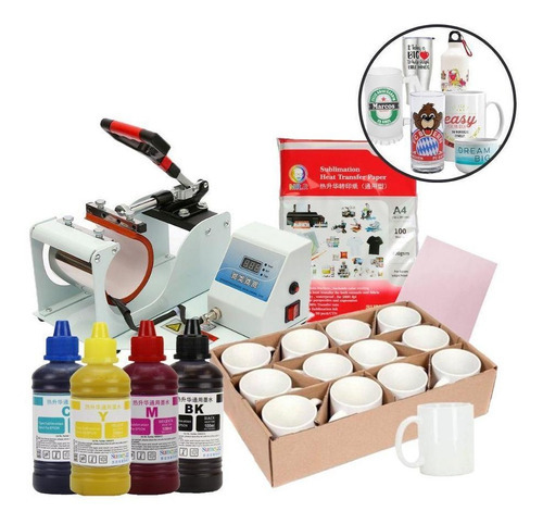 Kit Prensa De Caneca 220v+12 Canecas+4 Tintas+papel A4