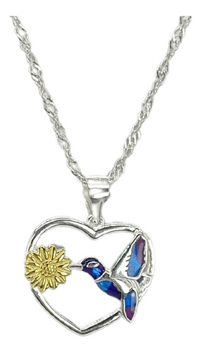 Collar De Plata Corazón Colibrí Zircón Y Margarita