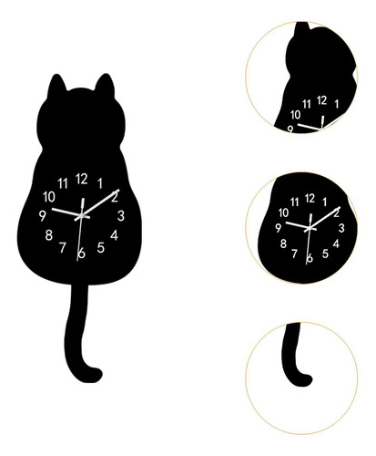Cartoon Cat Wall Hanging Clock 175x435cm Decoración Negro
