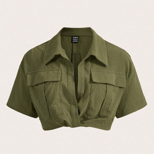 Ezwear Shein Camisa Crop Con Solapa Verde Militar Talla S