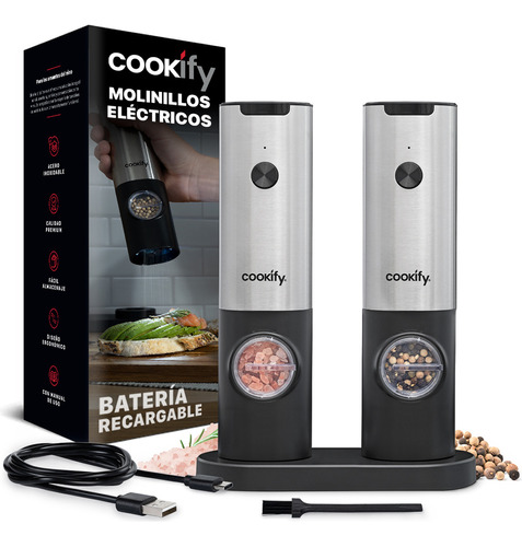 Molinillo Eléctrico de Sal y Pimienta Cookify | Set Recargable con Base, Acero Inoxidable, Molido Ajustable