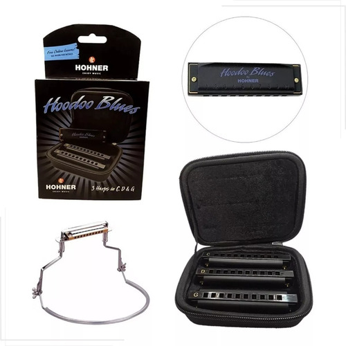 Kit 3 Gaitas De Boca Novo Hoodoo Blues Hohner Suporte Holder