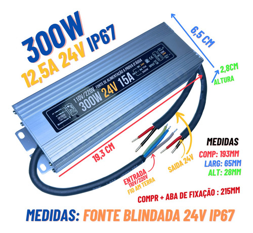 Fonte Blindada A Prova Dágua 300w 24v 12,5a Ip67 Led 24volts
