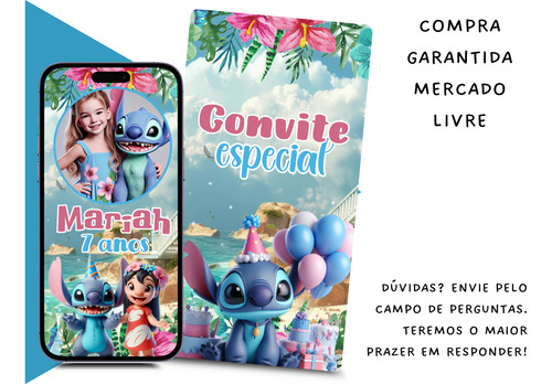 Convite Digital Animado Lilo, Stitch E Angel Azul-petróleo