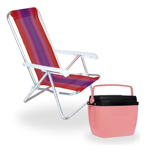 Caixa Termica Rosa Cooler 12 L+ Cadeira De Praia 4 Posições