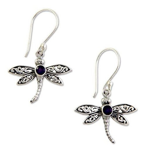 Novica .925 Plata Esterlina Amatista Cuelga Los Pendientes D