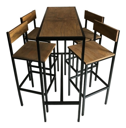 Imagen 1 de 8 de Mesa Barra Bar Hierro Madera 100x40 + 4 Taburetes C/respaldo