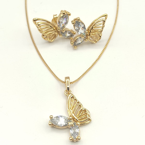 Conjunto Colar E Brinco Borboleta Zirconia Ouro 18k