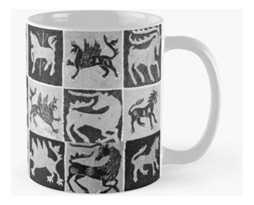 Taza Bestiario Medieval Blanco Negro, Ciervos, Unicornios Le