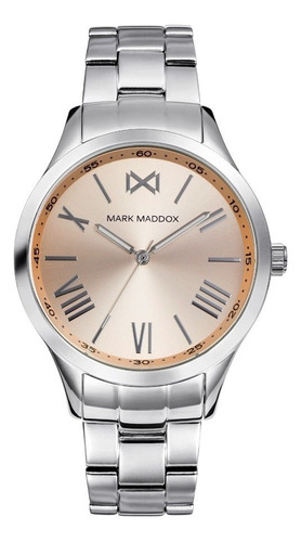 Reloj Mark Maddox Mujer De Lujo En Acero Correa Plateado Bisel Plateado Fondo Rosa